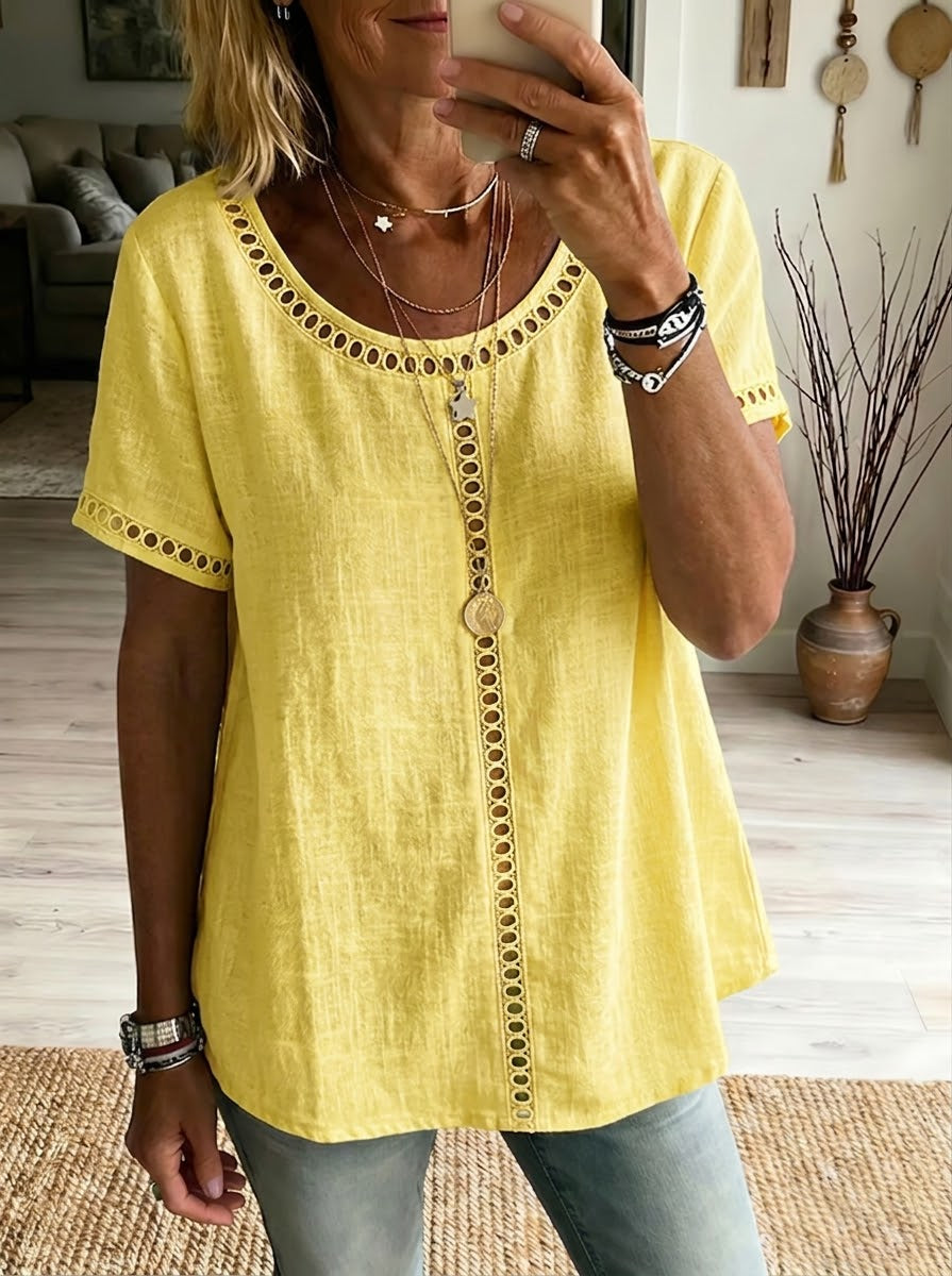 Cozy And Casual Patchwork Linen And Cotton Top With Openwork Weave