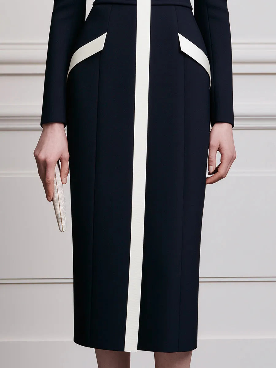 Navy & Ivory Colorblock Long-Sleeve Sheath Midi Dress