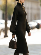 Half-Zip Mock Neck Lantern Sleeve Knit Sweater Dress