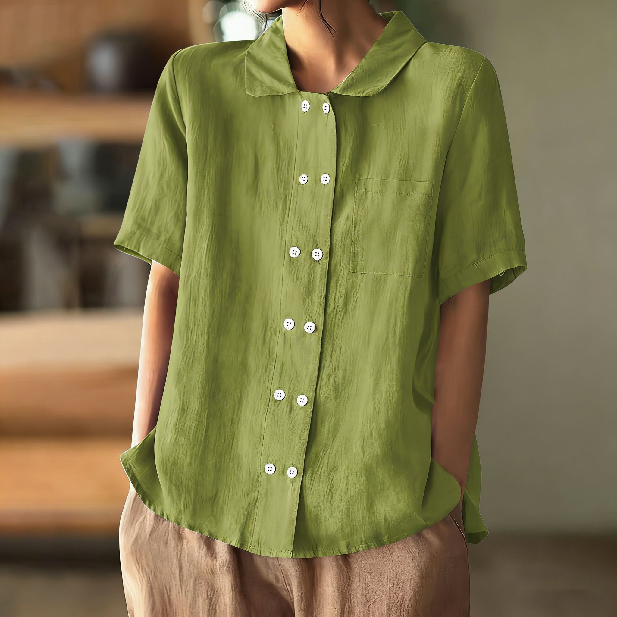Women Loose Button Down Plain Cotton Linen Short Sleeve Blouse