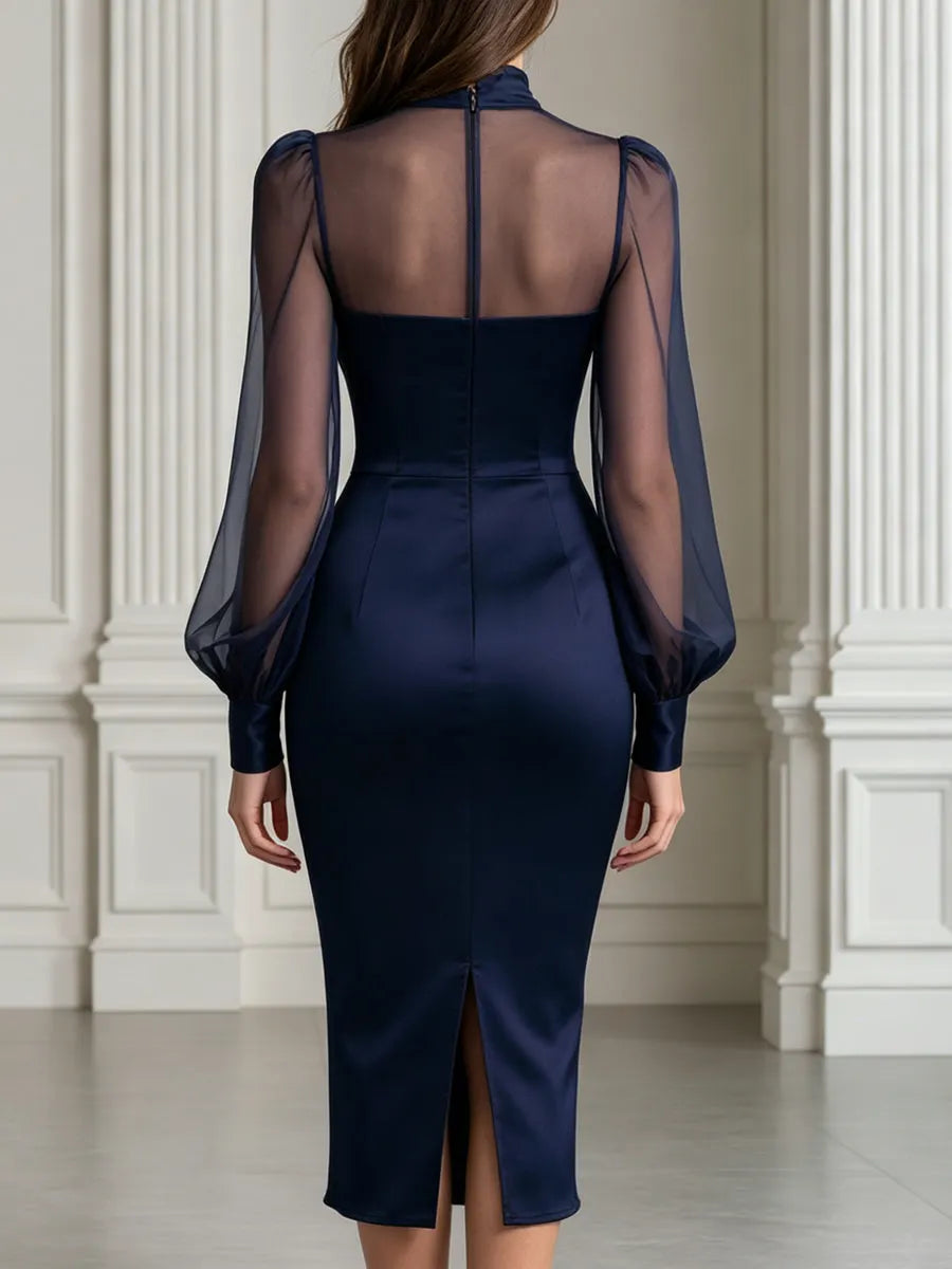 Satin Bow Neck Sheer Puff Sleeve Bodycon Midi Dress