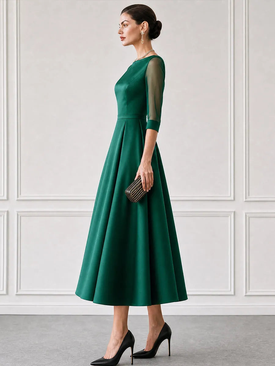 Satin Boat-Neck Mesh-Sleeve Fit-and-Flare Midi Dress