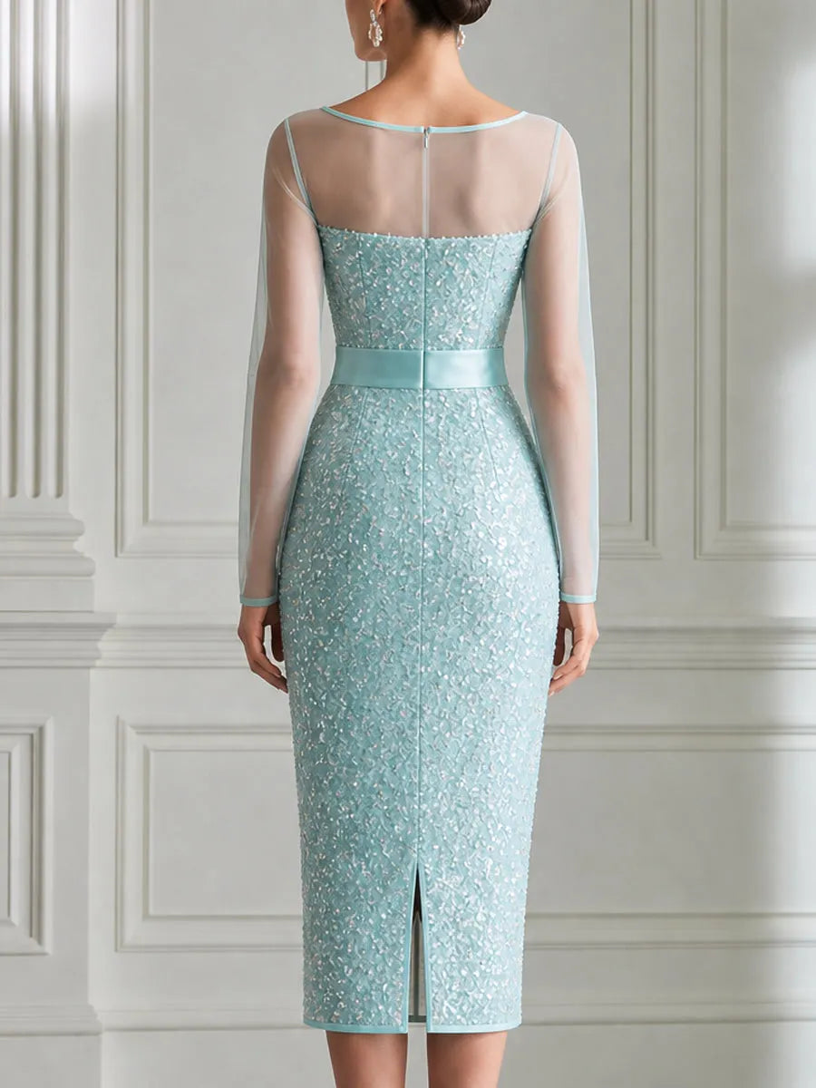 Light Ice Blue Illusion Sequin Mesh Bodycon Midi Dress