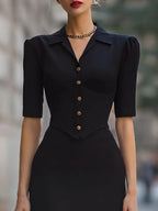 Tailored Button-Front Peplum Top & Pencil Midi Skirt Set