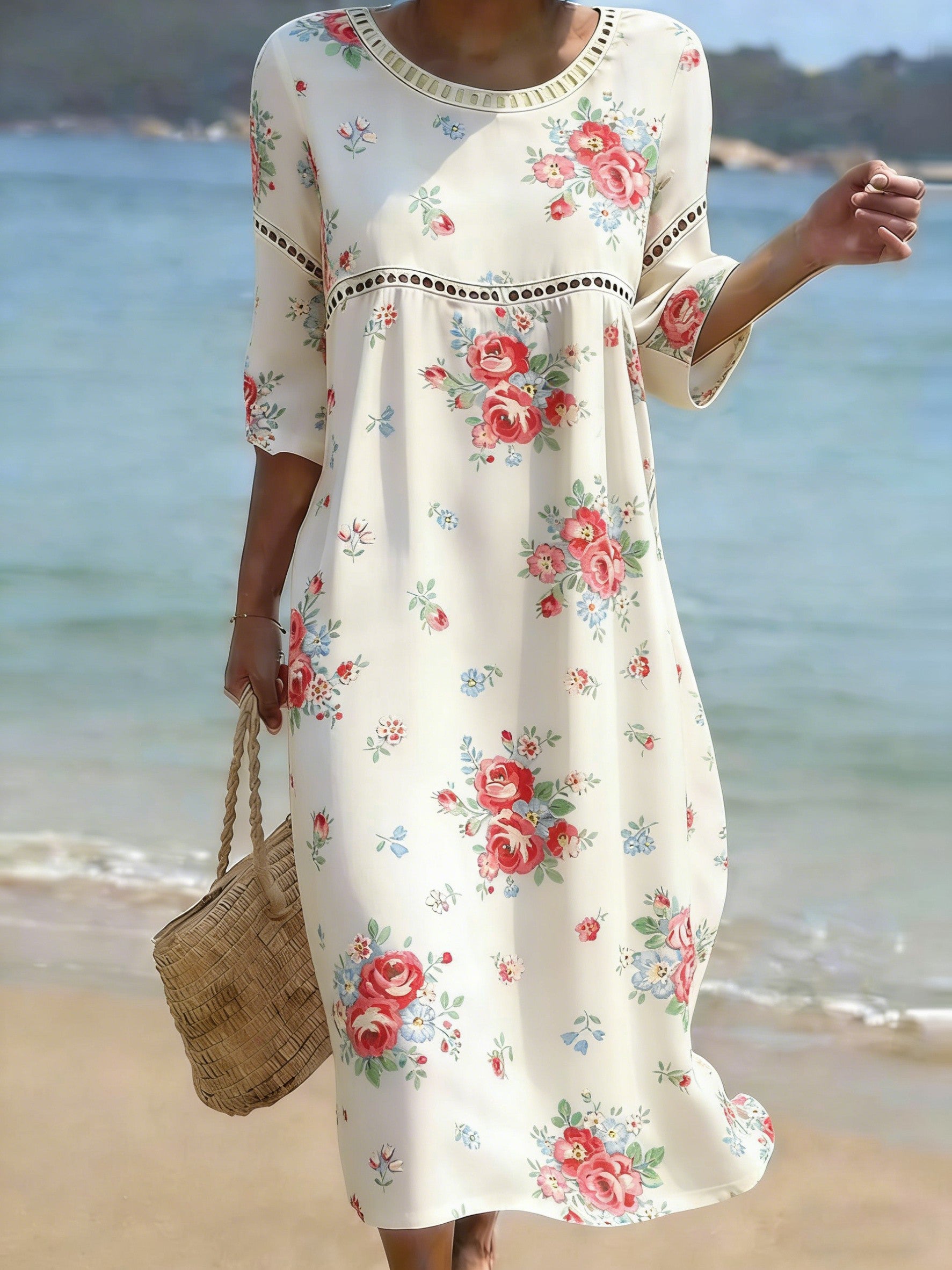 Women's Folk Flowers Print Crew Neck Cotton Pocket Dress