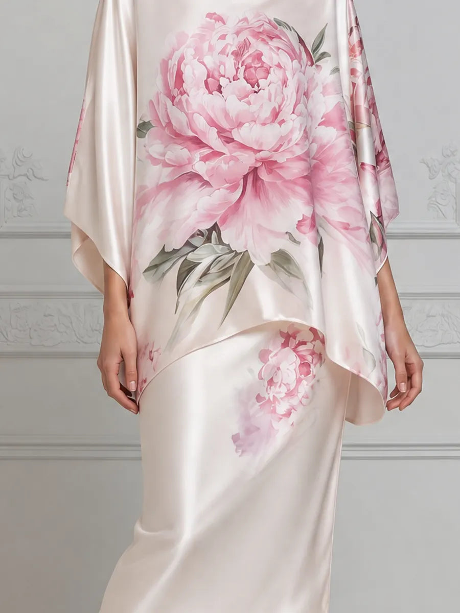 White Dress Pink Peony Satin Cape Overlay Pencil Midi Dress