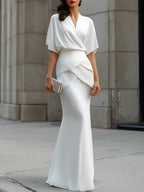 Draped Wrap Blouse And Layered Maxi Skirt Two-Piece Set