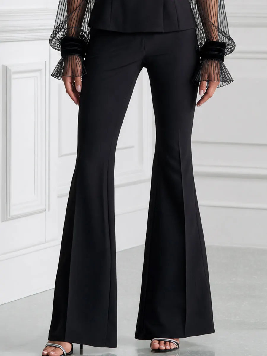 Double-Breasted Sheer Striped Mesh Balloon Sleeve Blazer & Flare Pants Two-Piece Suit Set