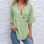 Women's Solid Color Button Linen V-neck T-shirt