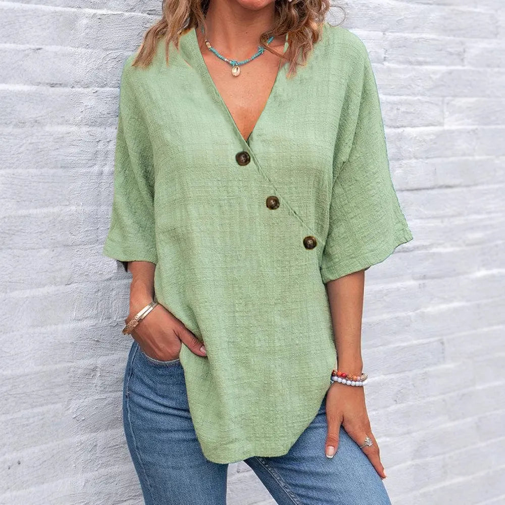 Women's Solid Color Button Linen V-neck T-shirt