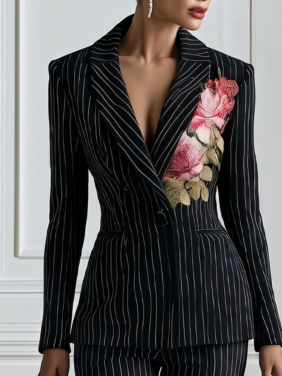 Floral Print Pinstripe Blazer And Flared Trouser Suit
