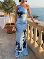 Light Blue Satin Ink Painting Print Off-shoulder Maxi Dress