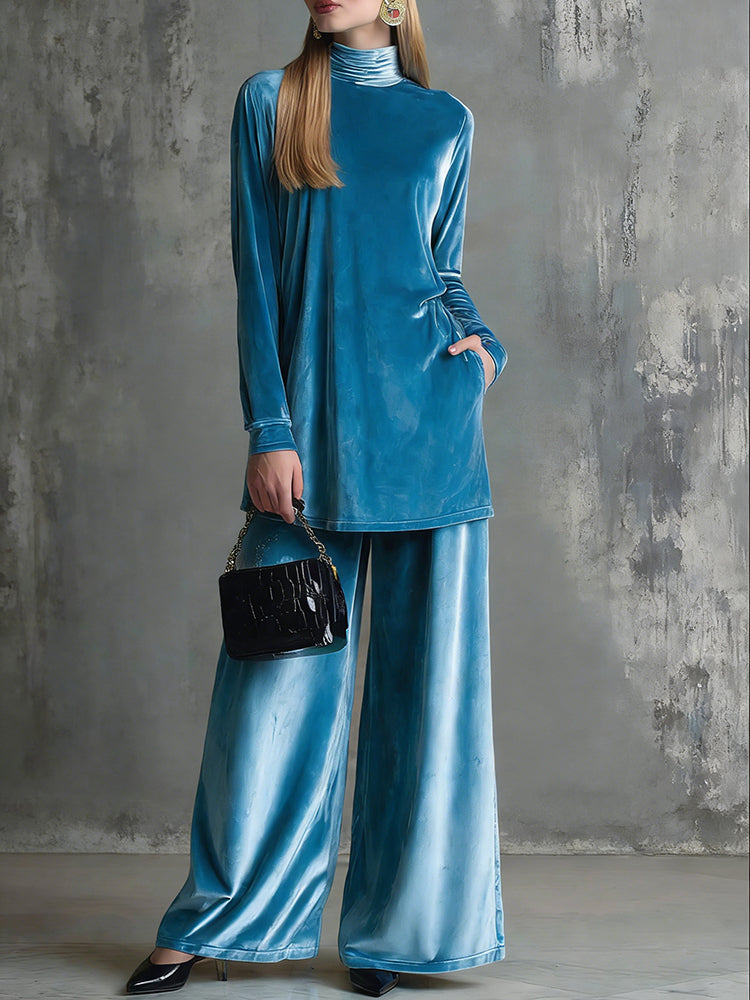 Classy Velvet Turtleneck Slit Top & Wide Leg Pants Set