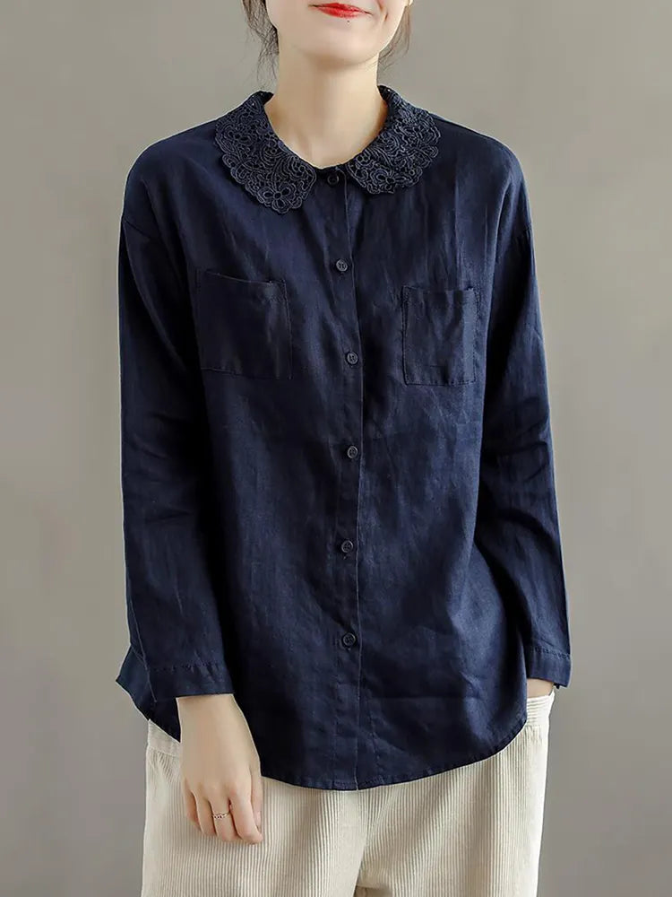 Vintage Women's Cotton Linen Lace Casual Shirt