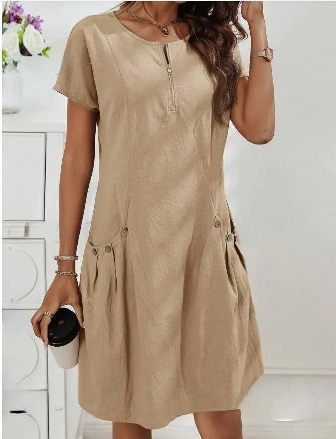 Solid-Color Round-Neck Fashion Dress