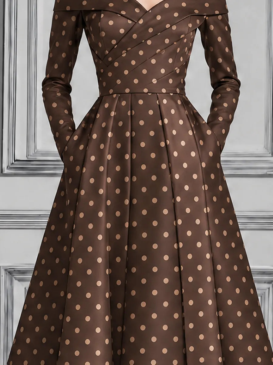 Brown Polka Dot Dress Fall Wedding Guest Dress Off Shoulder A-Line Midi Dress