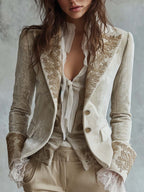 Ivory Velvet Embroidered Blazer With Lace Cuffs