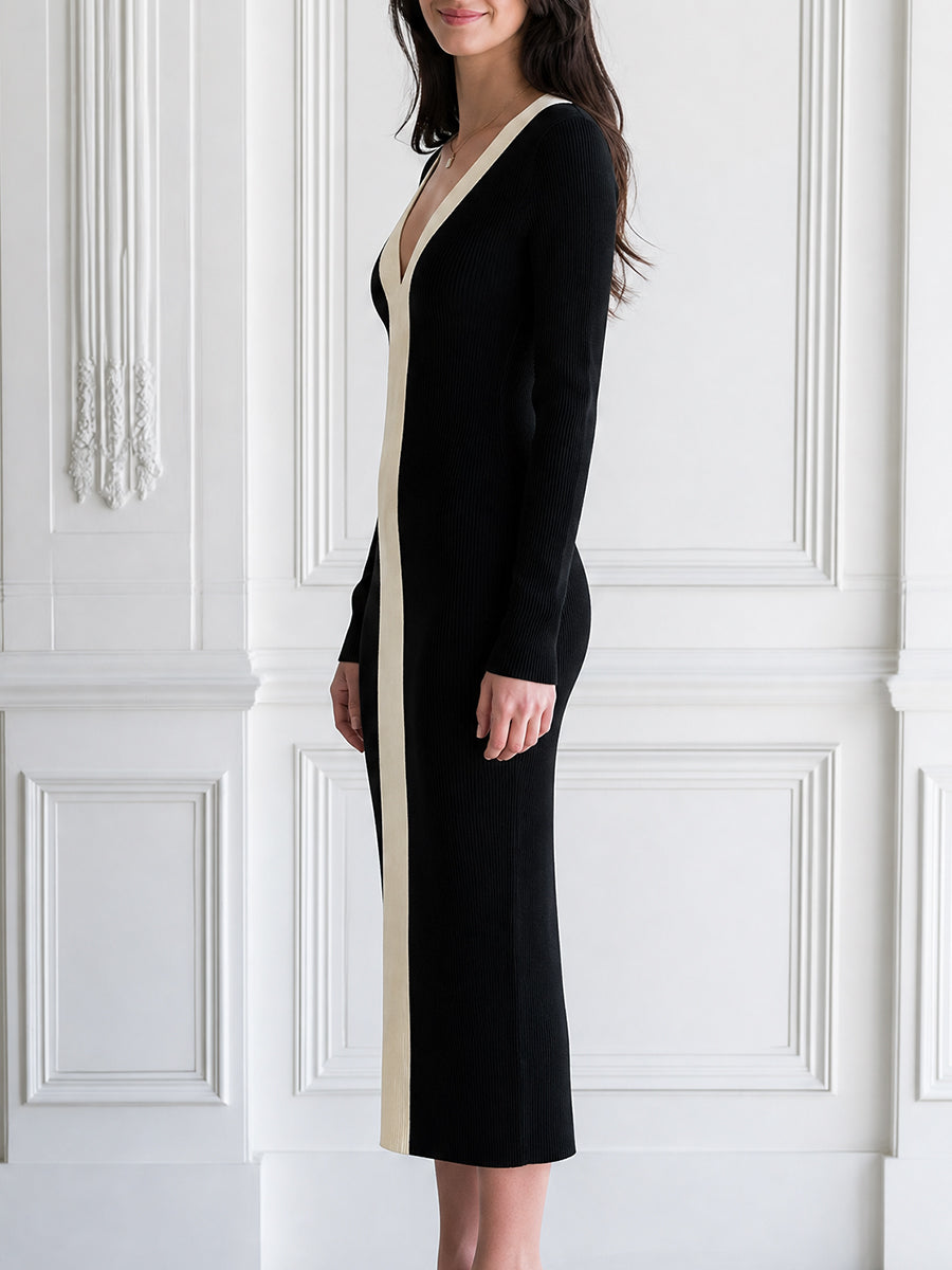 Color Block V-Neck Long Sleeve Ribbed Knit Midi Dress