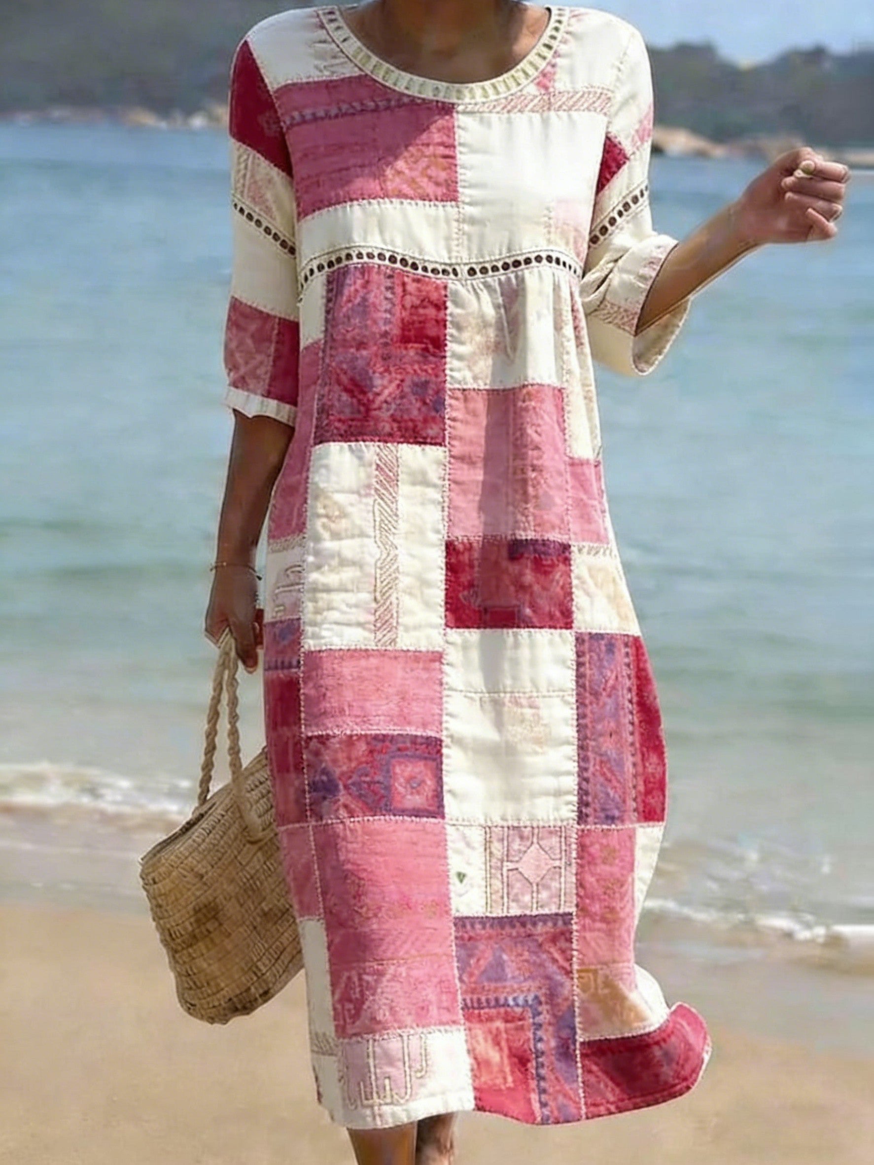 Women's Folk Flowers Print Crew Neck Cotton Pocket Dress
