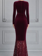 Red Dress Lace Hem Fall Wedding Guest Dress Velvet Mermaid Maxi Dress