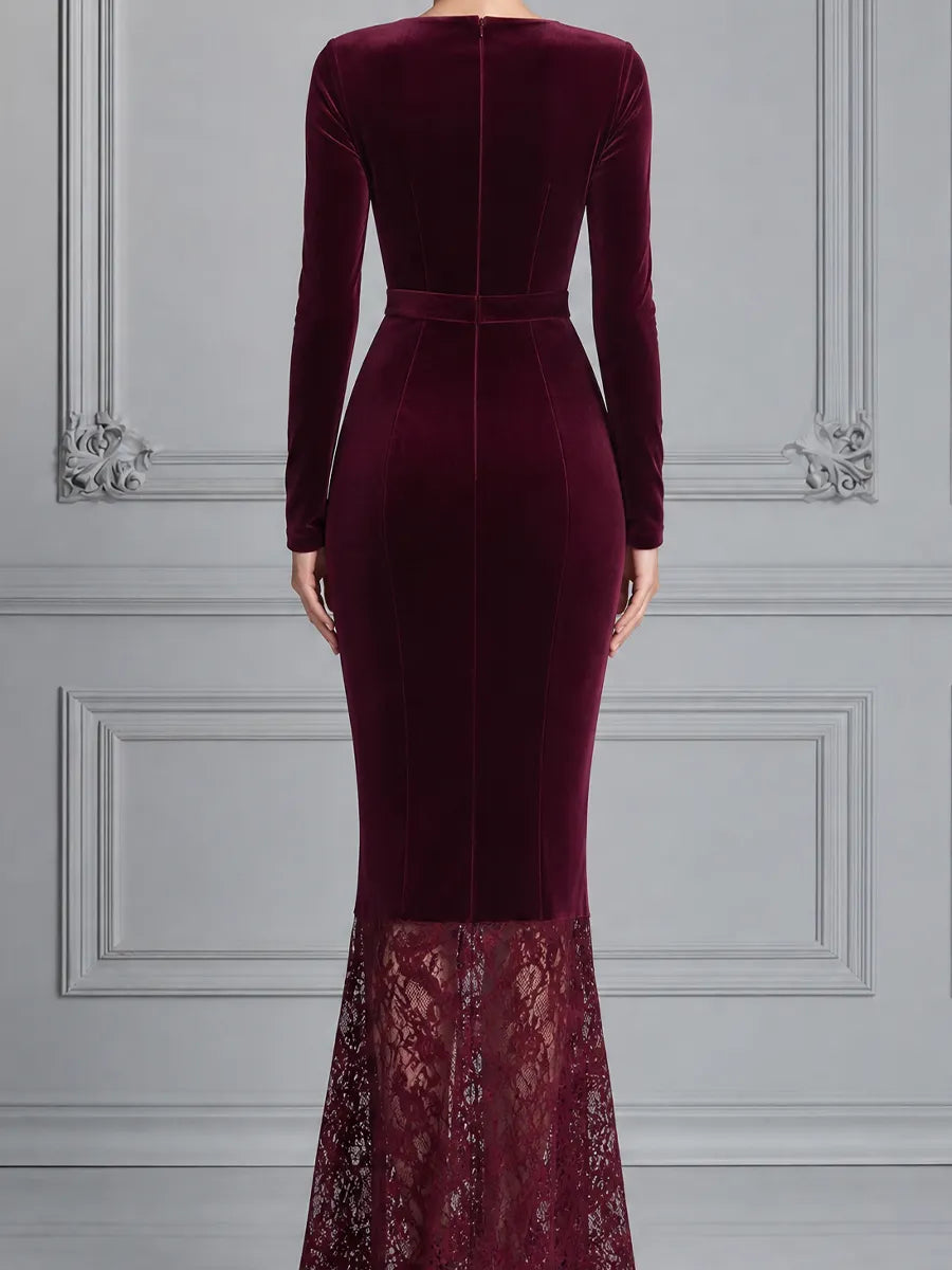 Red Dress Lace Hem Fall Wedding Guest Dress Velvet Mermaid Maxi Dress