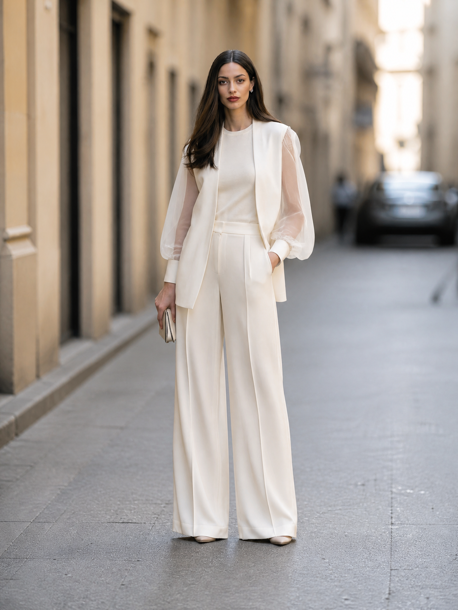 Women's Sheer Puff-Sleeve Blazer And Wide-Leg Trousers Two-Piece Set