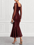 Square Neck Long Sleeve Formal Dress