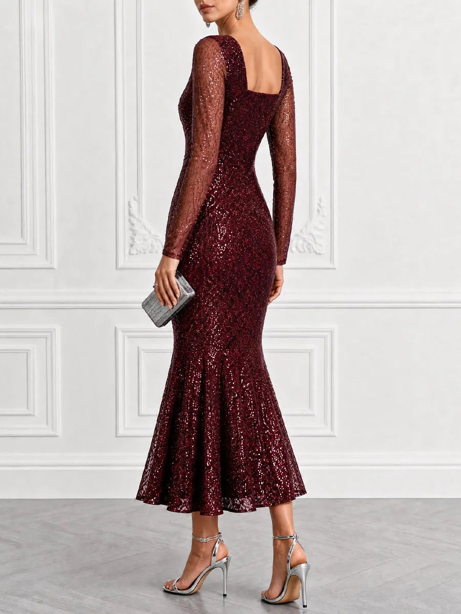 Square Neck Long Sleeve Formal Dress