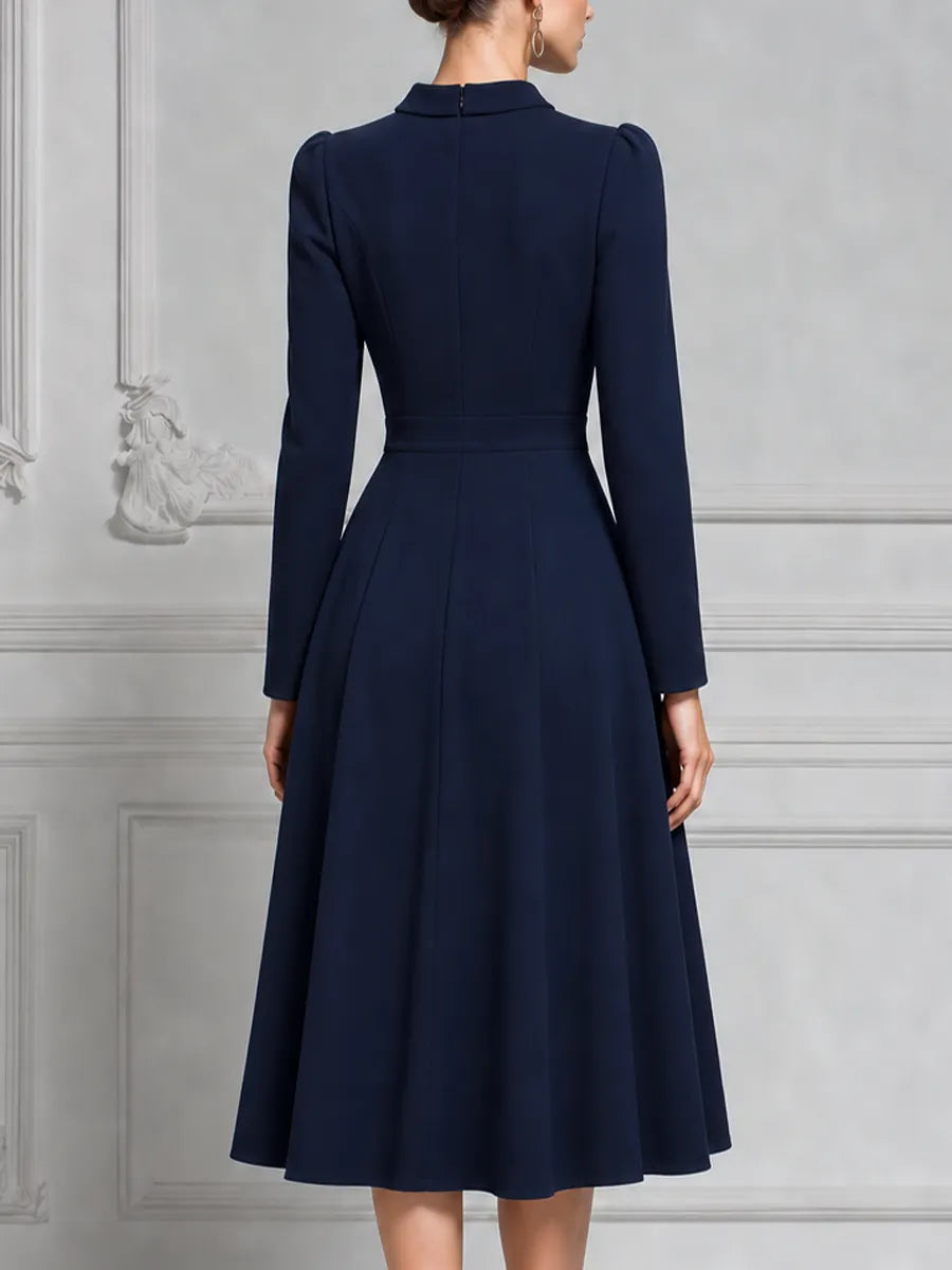 Navy Blue Peter Pan Collar Double Breasted Fit And Flare Midi Dress