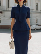 High-Neck Tie Peplum Blouse & High-Waisted Pencil Skirt Two-Piece Suit
