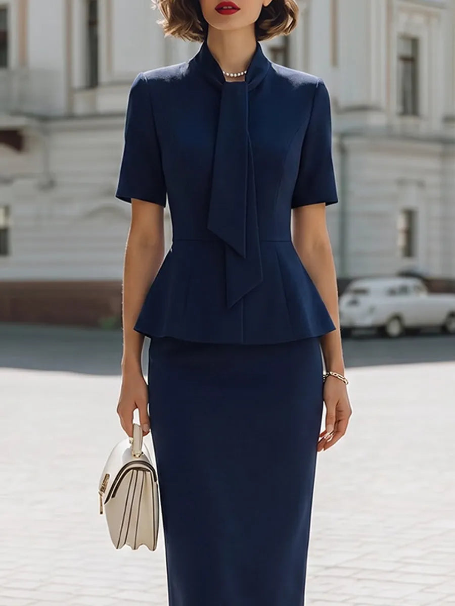 High-Neck Tie Peplum Blouse & High-Waisted Pencil Skirt Two-Piece Suit