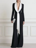 Contrast Shawl Collar Long Sleeve Wide Leg Jumpsuit