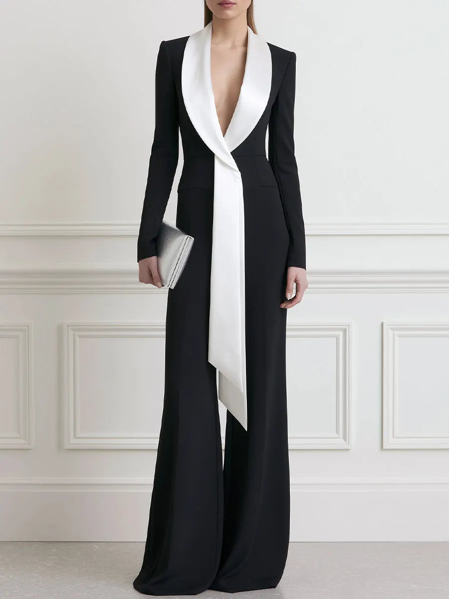 Contrast Shawl Collar Long Sleeve Wide Leg Jumpsuit