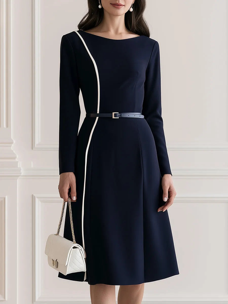 Women's Elegant Long Sleeve Contrast Piping A-Line Midi Dress with Belt