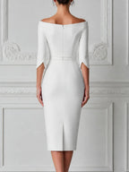 White Dress Off Shoulder Pearl Trim Pencil Midi Dress
