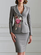Floral Plaid Tailored Blazer And Pencil Skirt Set