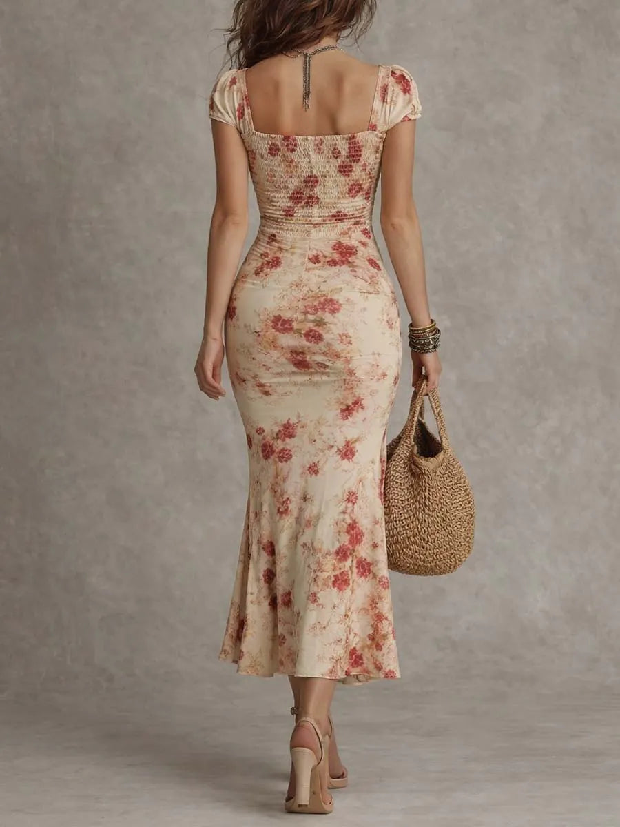 Vintage Rose Ruched Corset Midi Dress