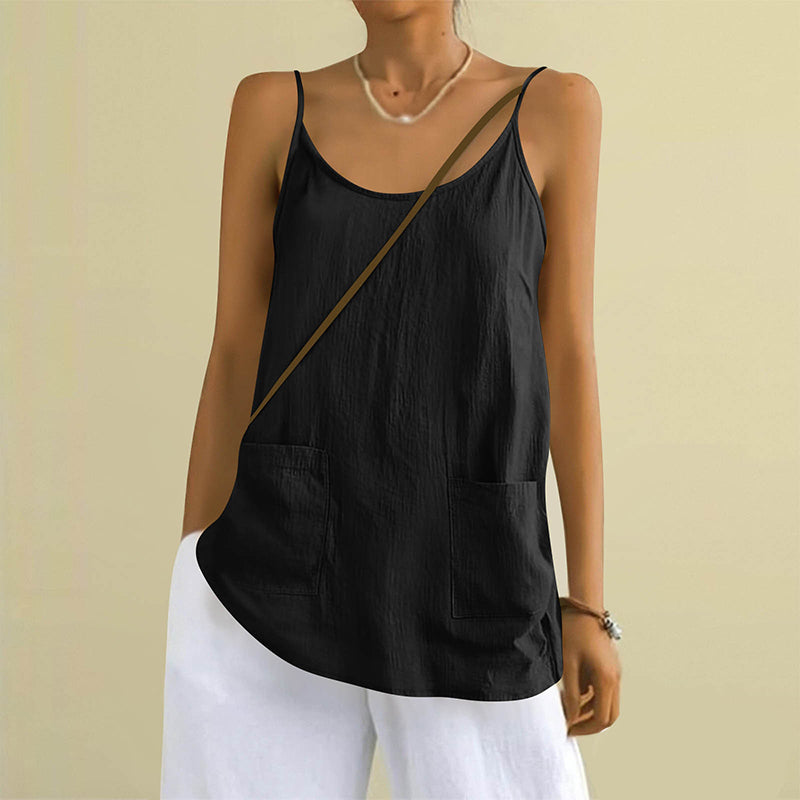 Women's Solid Color Sleeveless Linen Blend Pocket Camisole