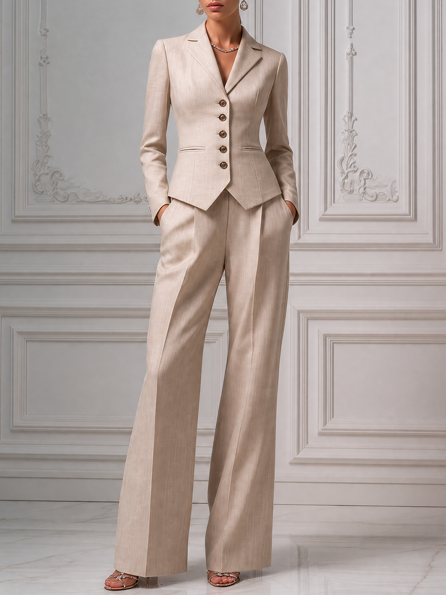 Champagne Beige Tailored Blazer & Wide Leg Trousers Set