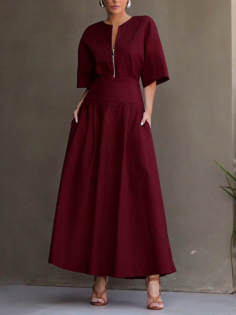 Women's Solid-color Round-neck 3/4-sleeve Casual Loose Cotton-linen Dress