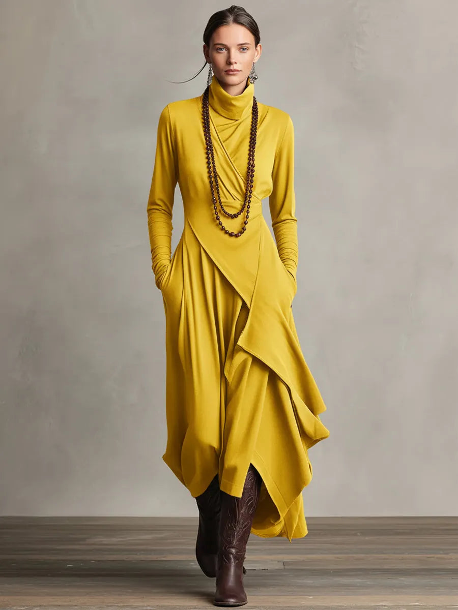 Women's Purple Bohemian Cotton Stretch Turtleneck Asymmetrical Draped Maxi Dress