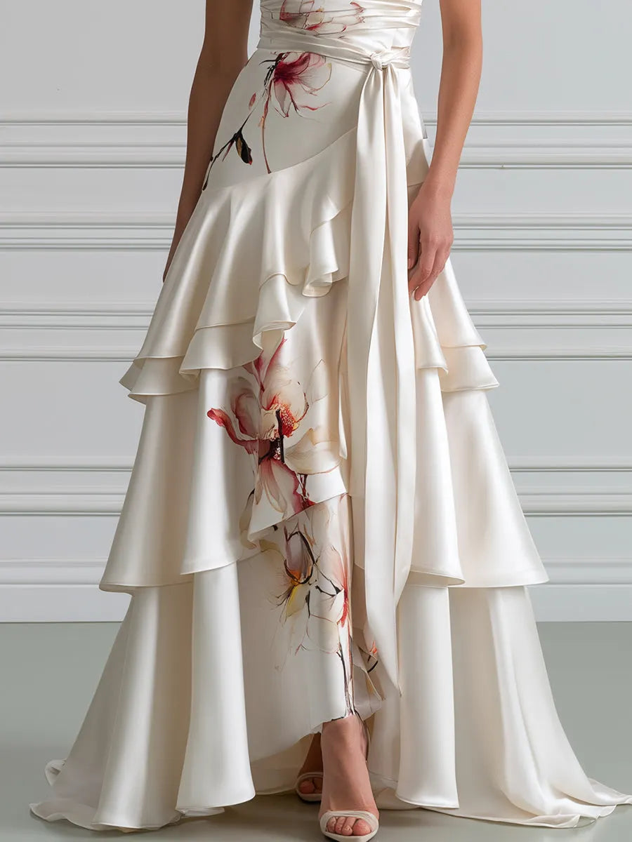 Floral Asymmetrical Ruffle Halter Satin Evening Gown