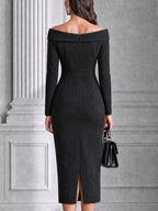 Off-the-Shoulder Button-Detail Bodycon Midi Dress