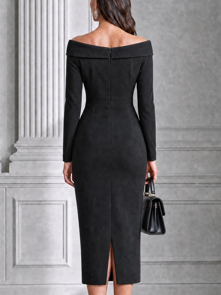 Off-the-Shoulder Button-Detail Bodycon Midi Dress