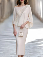 Ivory Lace Panel Draped Cape Blouse With Midi Skirt Set