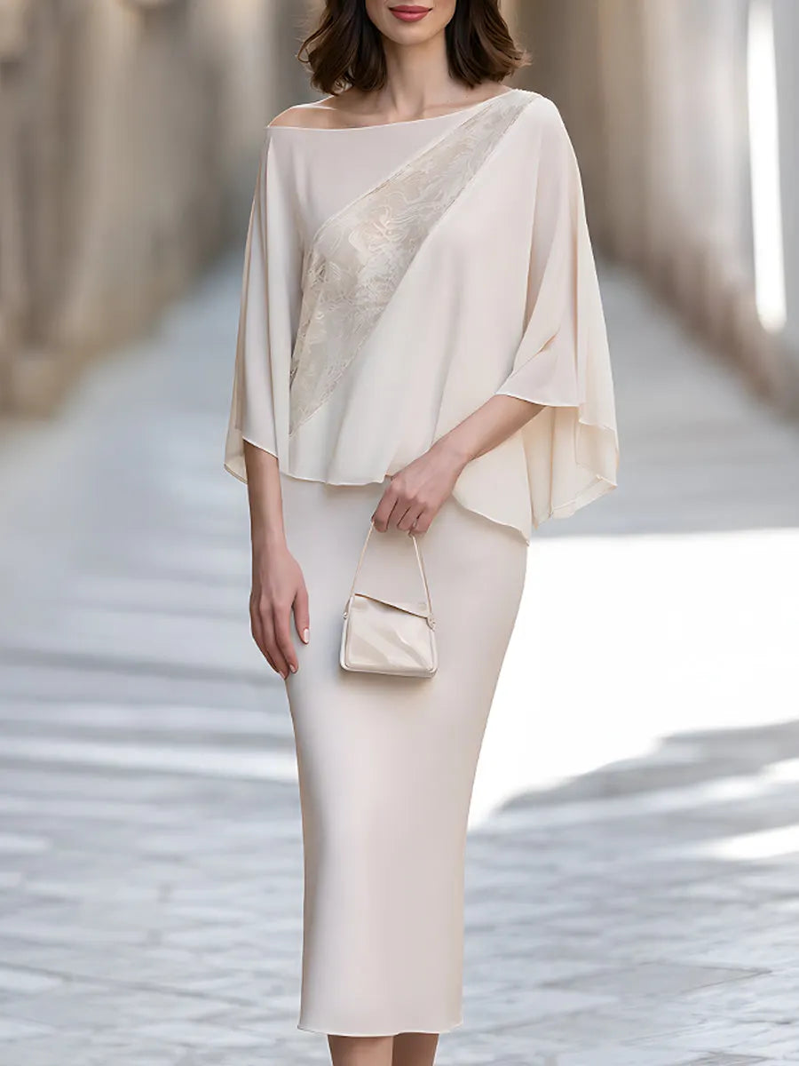 Ivory Lace Panel Draped Cape Blouse With Midi Skirt Set