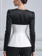 Black White Contrast Corset Satin Long Sleeve Blouse