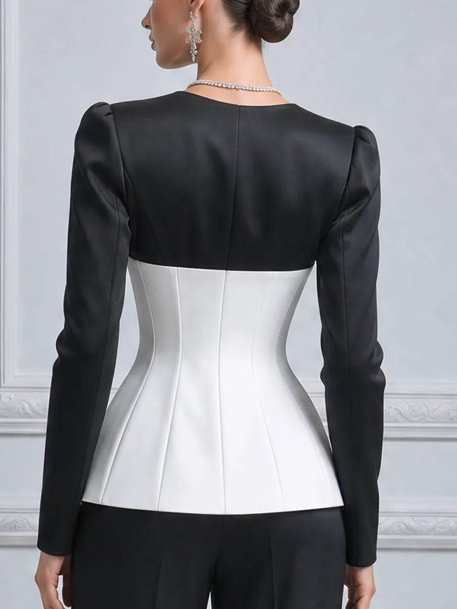 Black White Contrast Corset Satin Long Sleeve Blouse