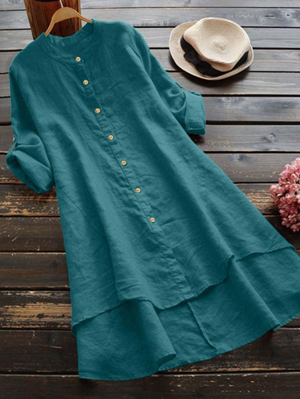 Button Through High Low Hem Shirt Dress