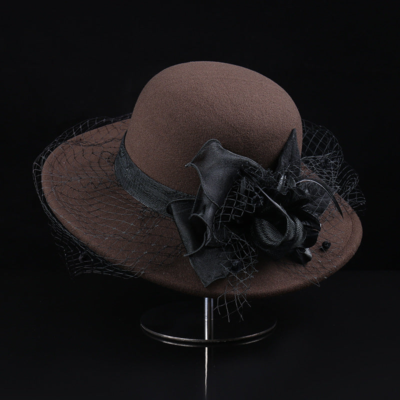 French Retro Mesh Floral Woolen Hatm